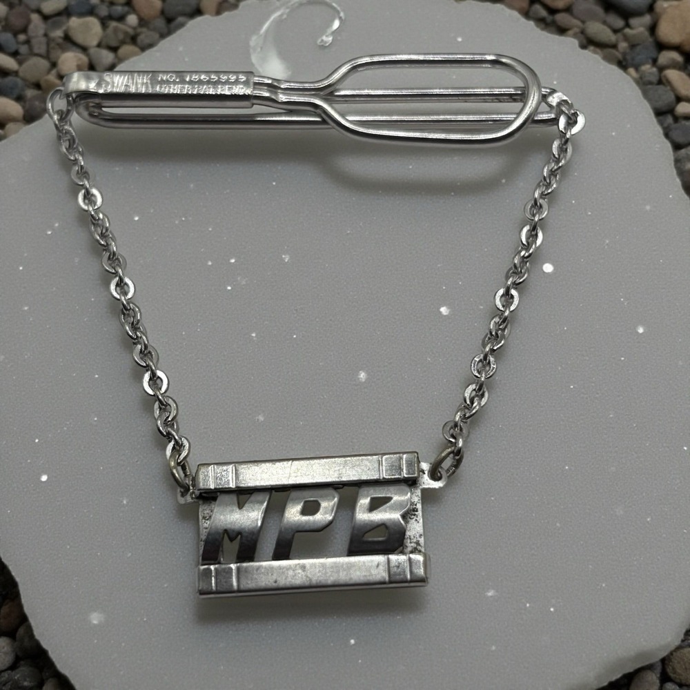 Vtg Initial MPB Swank Tie Bar Clip w/Drop‎ Chain Pat. No. Silver Tone Monogram
